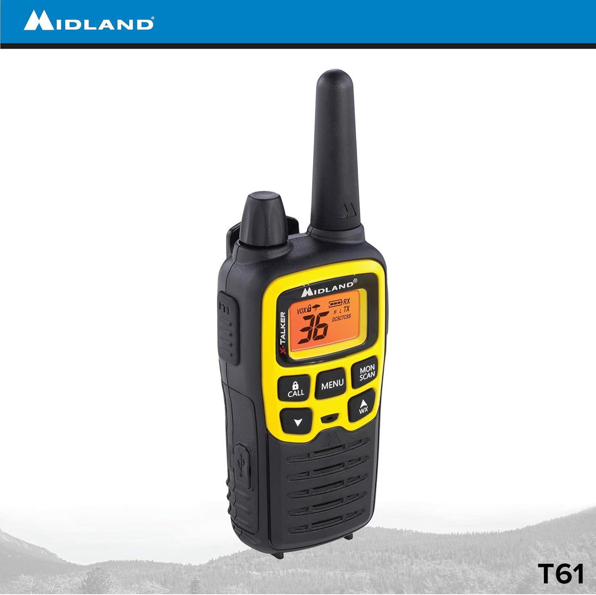 36 Channel FRS Two-Way Radio, 121 Privacy Codes, NOAA Weather Scan + Alert, Black/Yellow, 2-Pack D63218