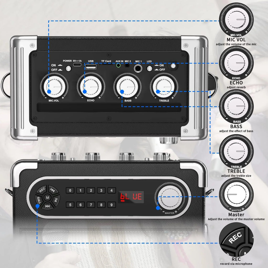 Karaoke Machine with 2 Wireless Microphones, Bluetooth Speaker W2977