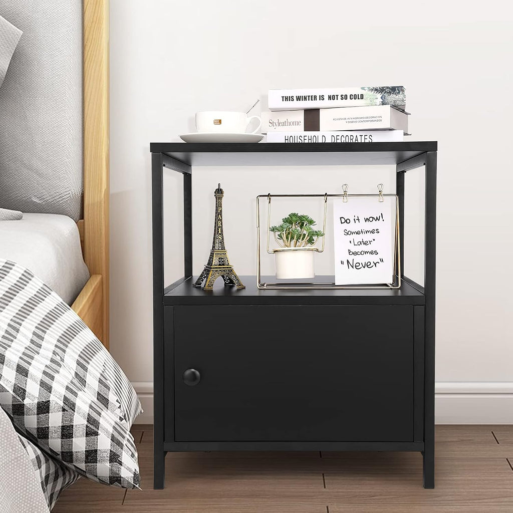 Industrial Bedside Table with Storage Cabinet and Open Shelves V559078