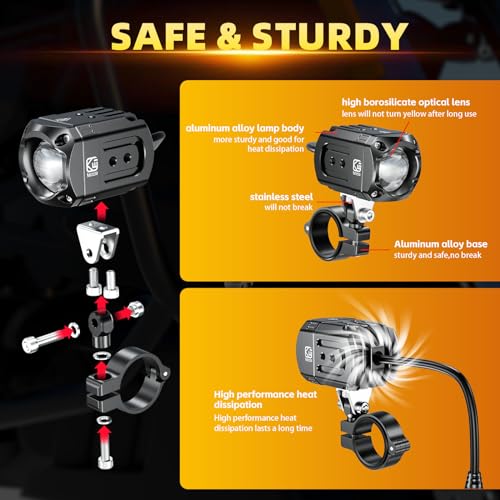 Motorcycle Auxiliary LED Light Kit Driving Spotlights White/Amber Fog Light with Mount Brackets Wire Harness Waterproof 60W Offroad Work Lights (Black) D959627
