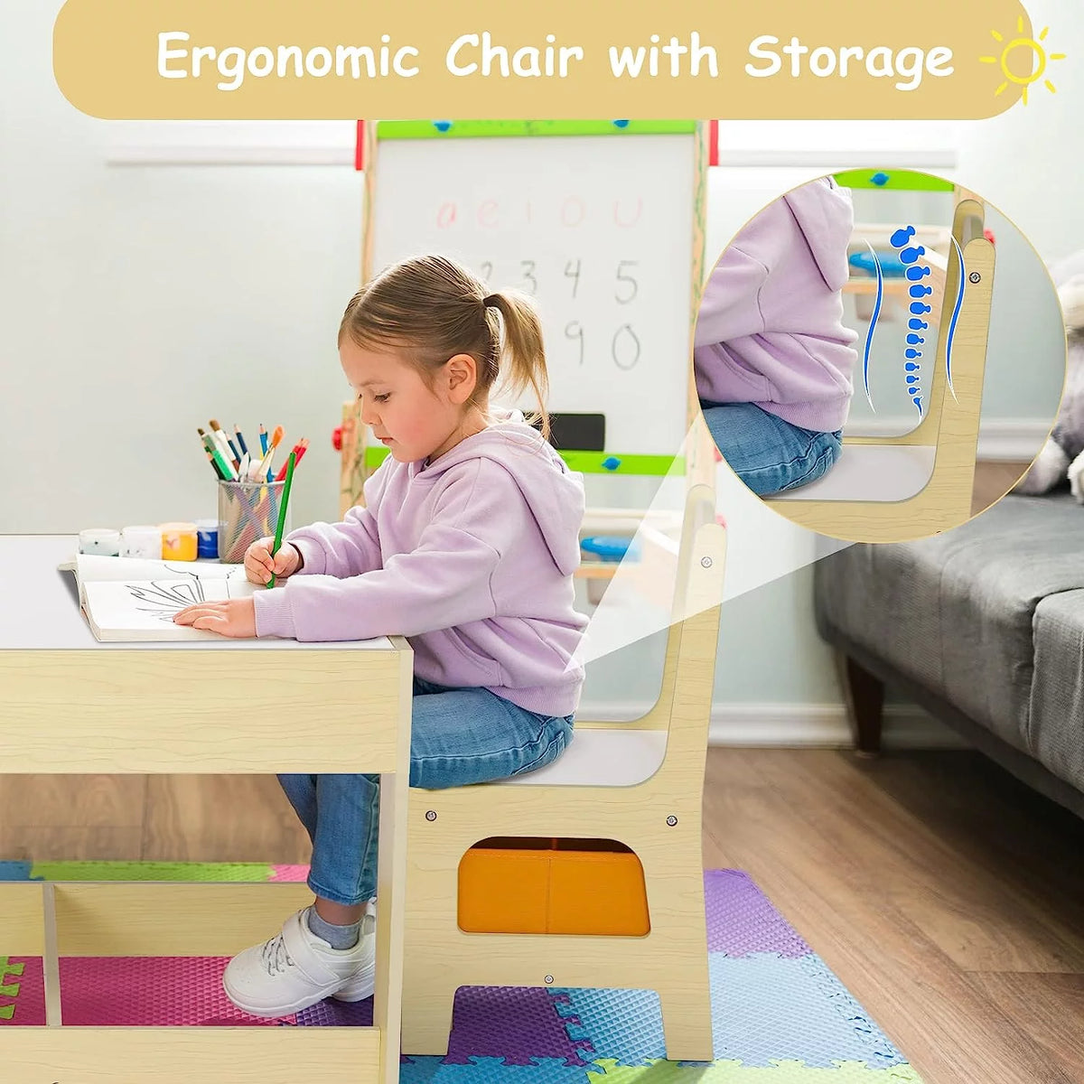 Wooden Kids Table and 2 Chairs Set with Storage U7606