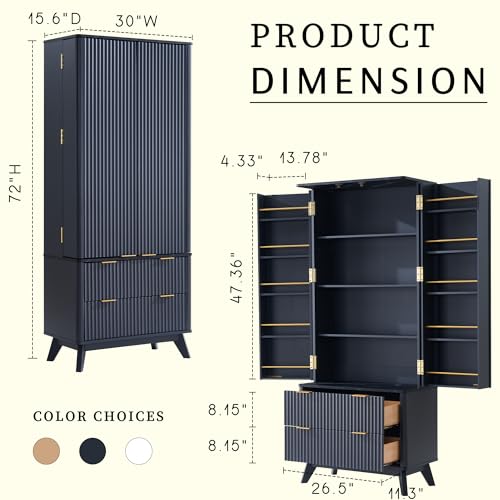 72" Dark Grey Wood Pantry Cabinet with 10 Door Shelves & 2 Drawers L198