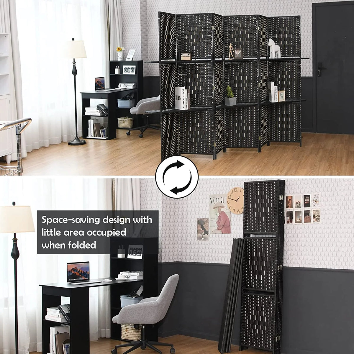 6Ft 6 Panel Hand-Woven Rattan Room Divider with Shelves M109