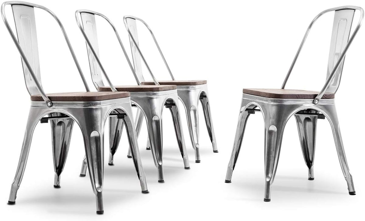 Set of 4 Stackable Metal Dining Chairs with Wood Seat F67303
