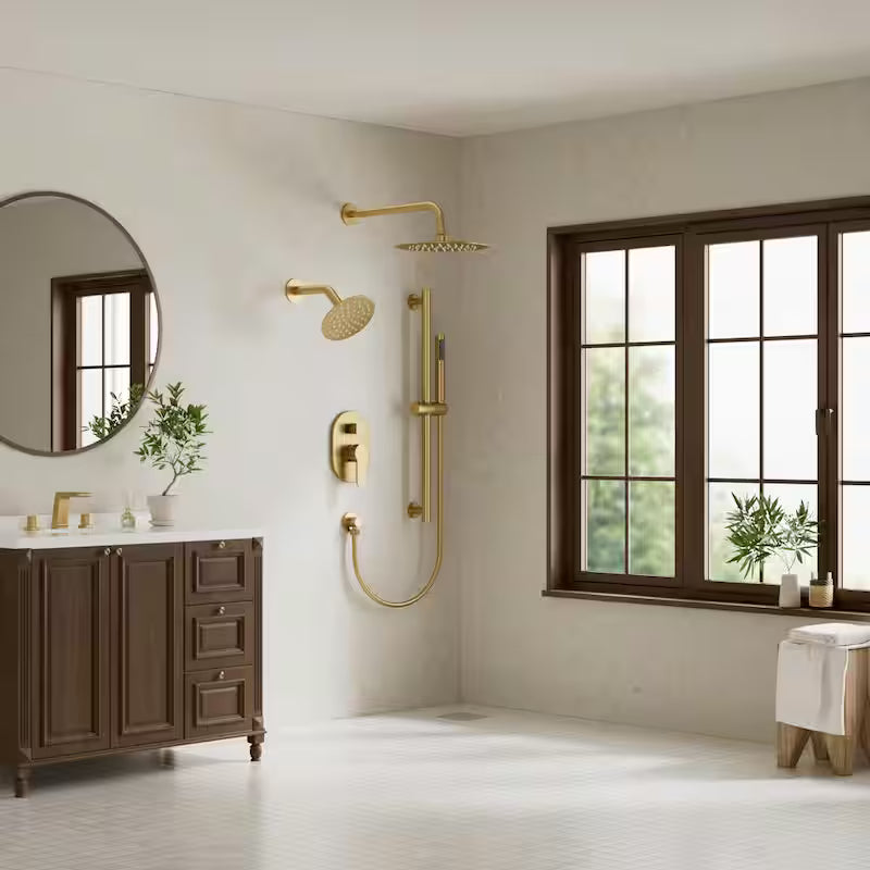 Wall Mounted Dual Shower Head and Handheld Shower Head 2.5 GPM Brushed Gold T721