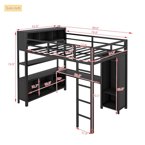 Full Size White Metal Loft Bed with L Shaped Desk and Wardrobe X681494