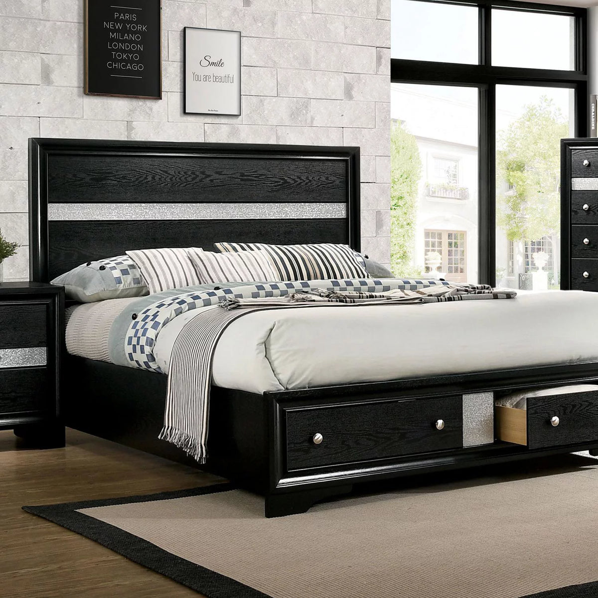 Black Solid Wood Queen Bedroom Set 6pcs O503