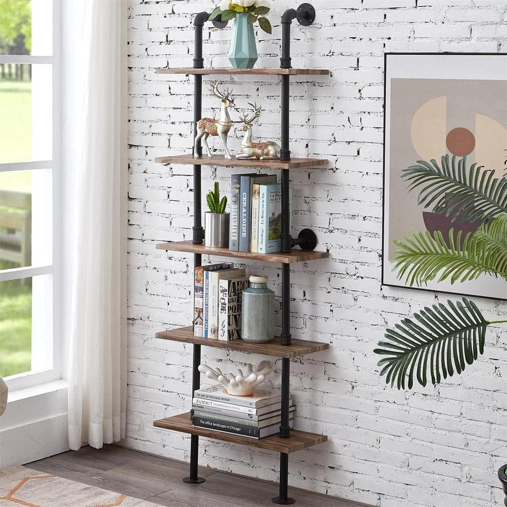 Rustic Industrial 5-Shelf Ladder Bookcase K309