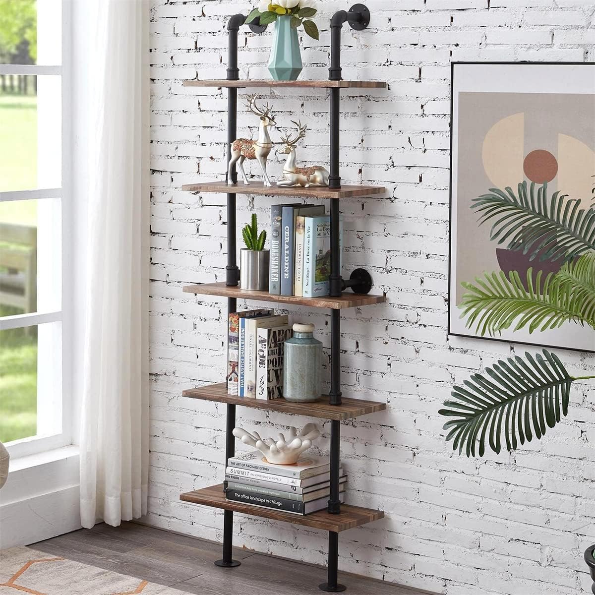Rustic Industrial 5-Shelf Ladder Bookcase K309