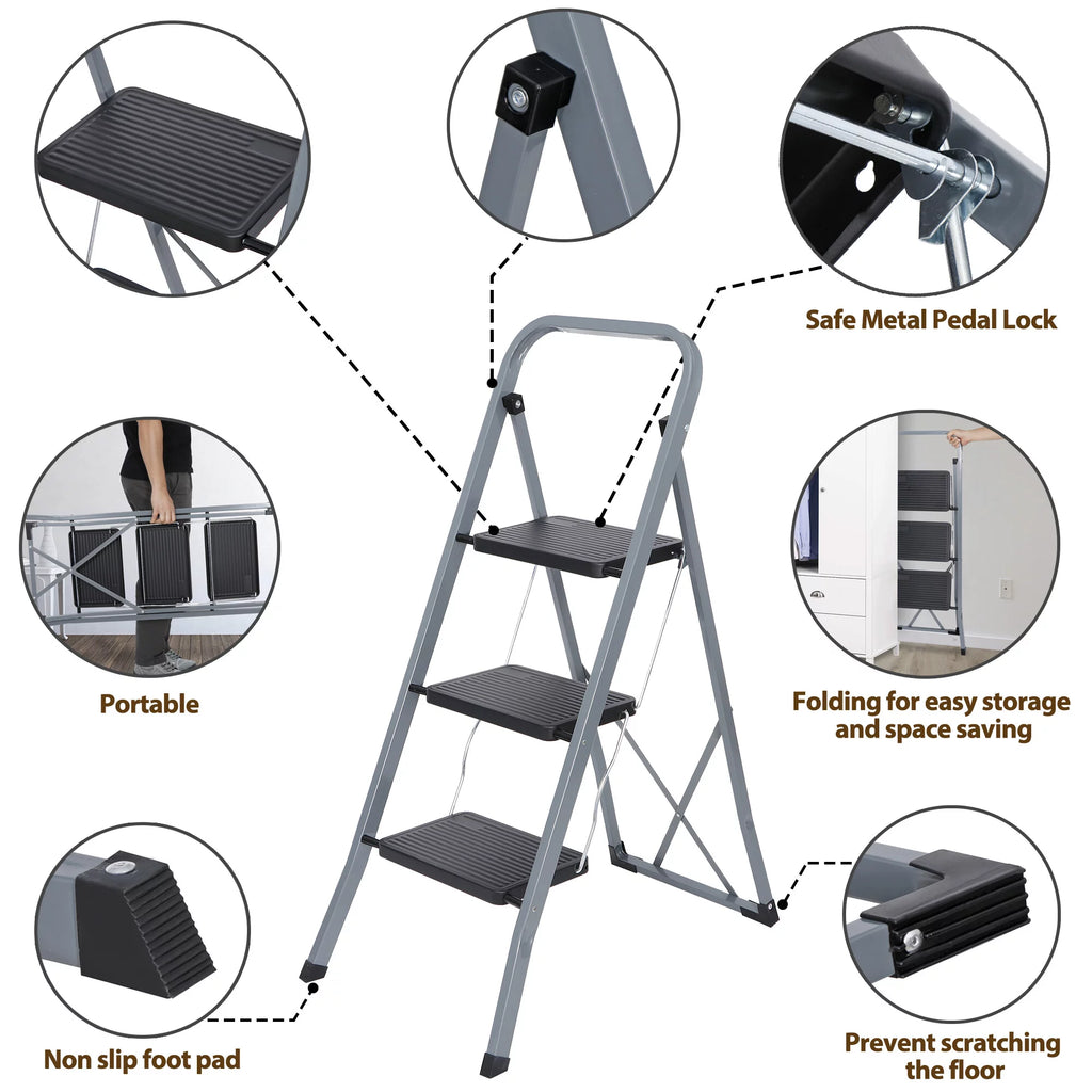 Folding 3-Step Steel Ladder with Handgrip I414