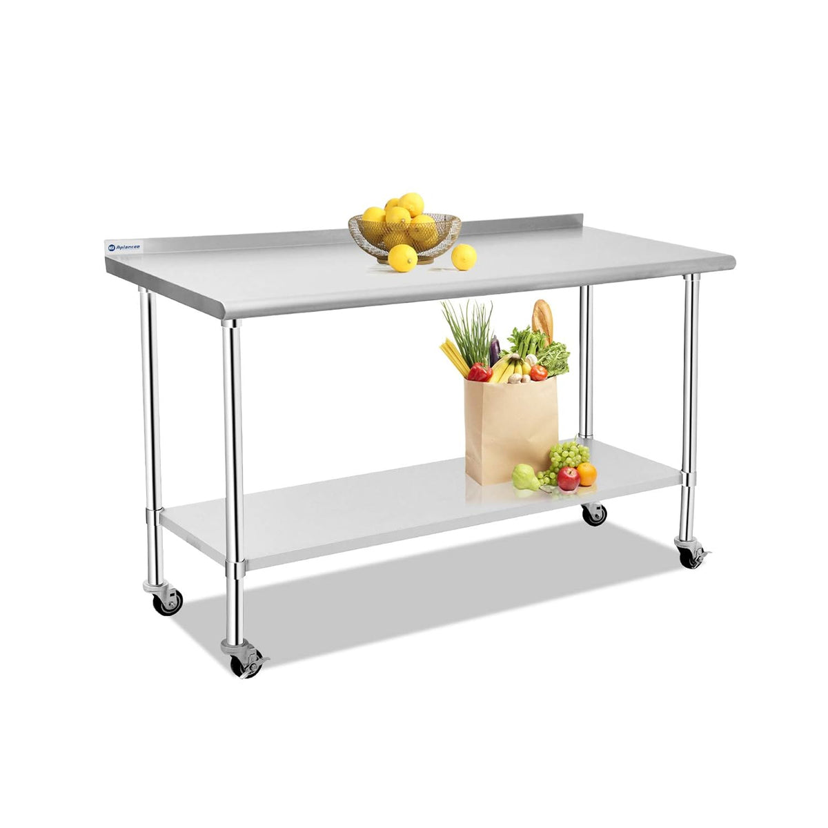 Stainless Steel Table 48 x 24 Inches with Caster Backsplash and Adjustable Undershelf Metal Utility Work Workstations U70697