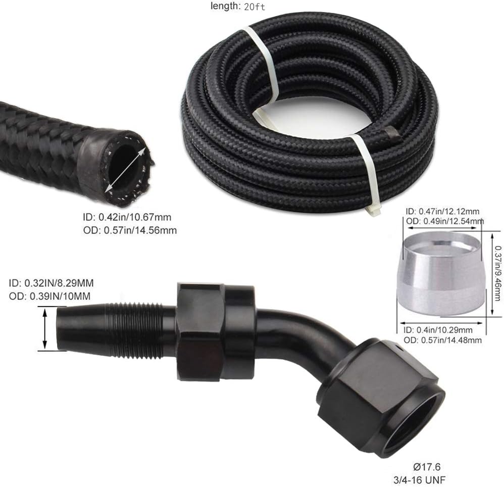 6AN Fuel Line Kit 20FT with Fittings Nylon Braided 3/8" CPE Fuel Oil Hose C5589