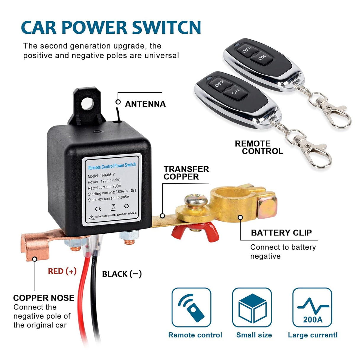 Wireless Remote Control Battery Disconnect Switch DC12V 200A F912