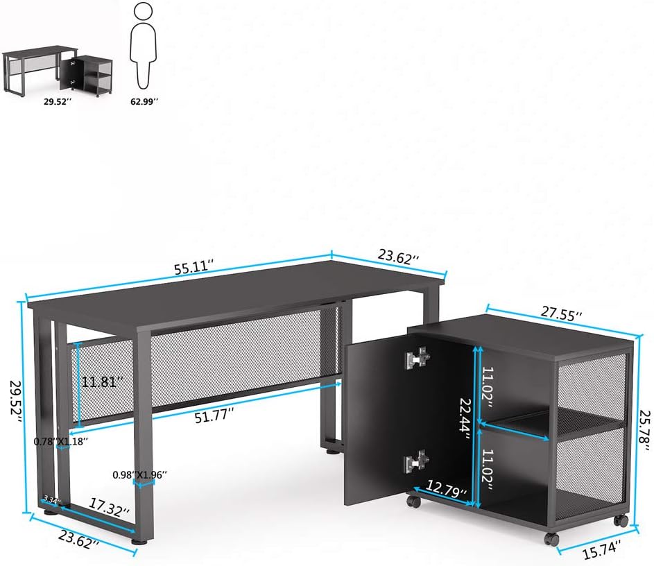 Black 55 inch L-Shaped Computer Desk with File Cabinet D308