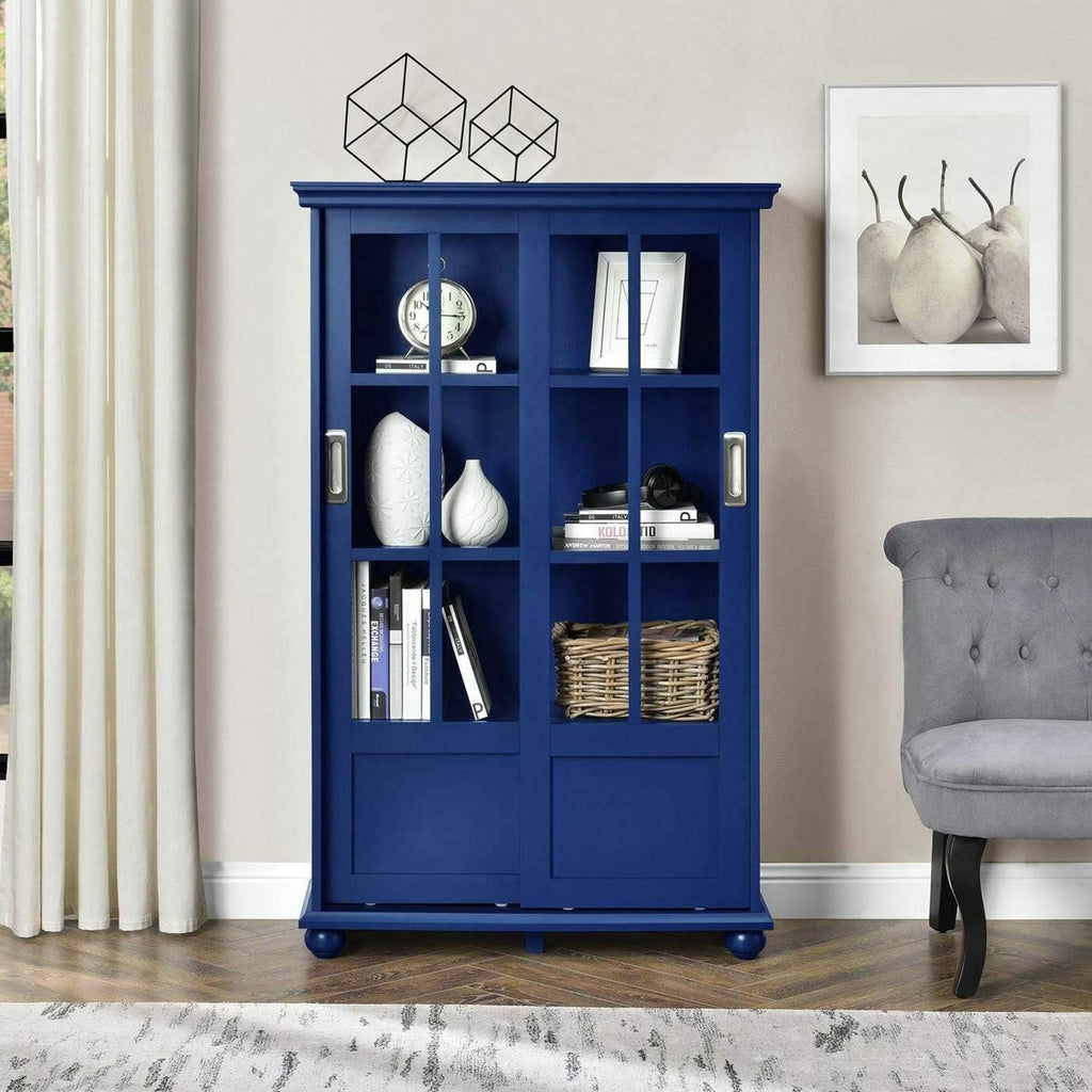 Navy Blue 4 Shelves Wooden Bookcase with Glass Door W98473