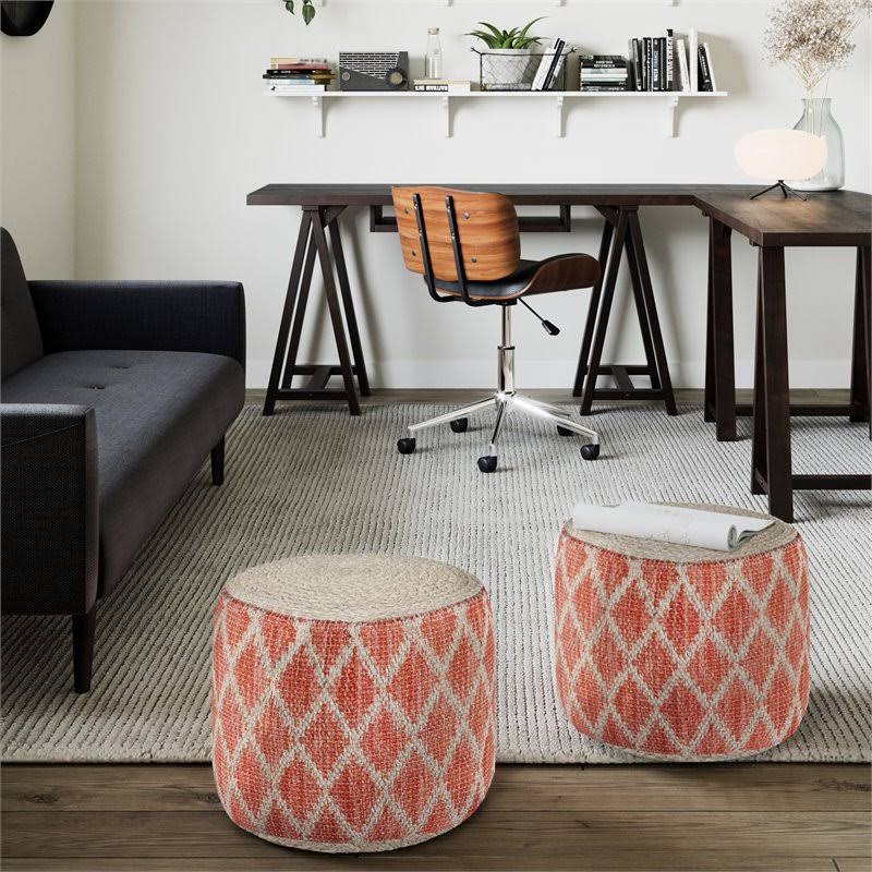 Coral and Natural Woven Braided Jute Round Pouf O5383
