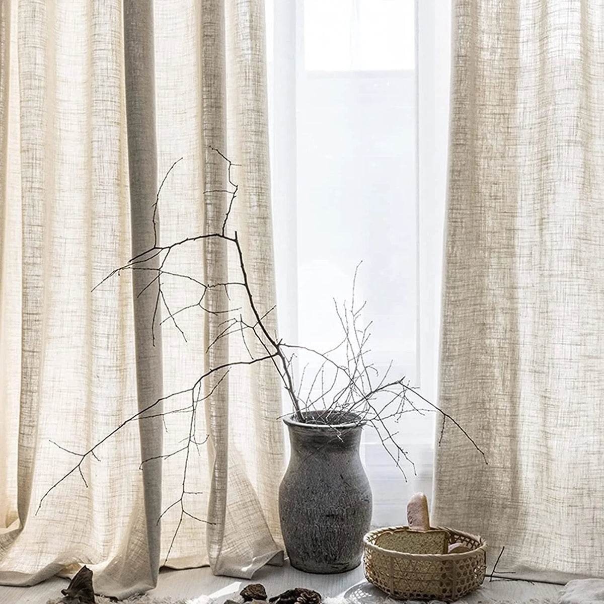 Beige Semi Sheer Linen Curtains 2 Panels 40''x84'' Y9065