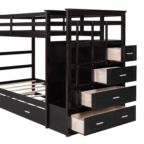 Full Over Full Wood Bunk Bed with Twin Trundle and Stairs, Espresso S97277