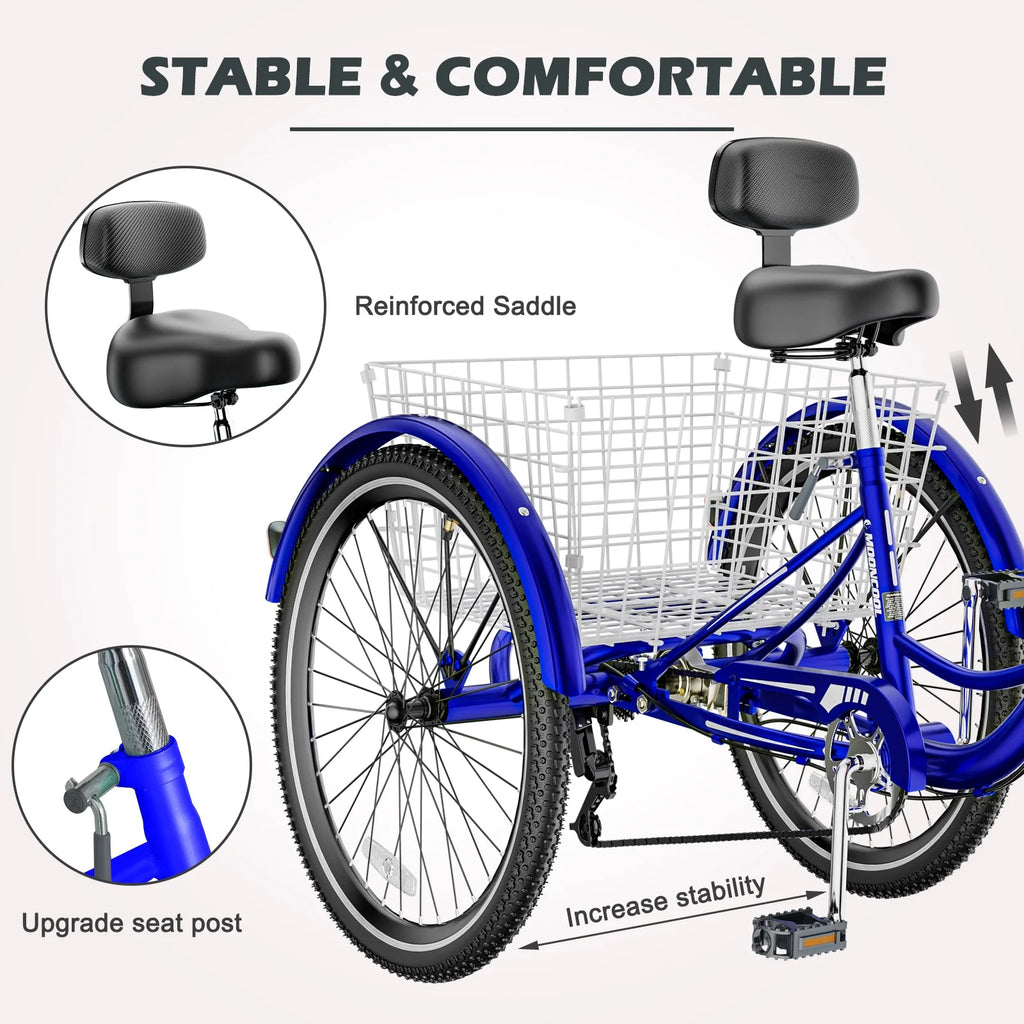 Adult Tricycles 3 Wheel 7 Speed 20 inch with Big Basket Y528