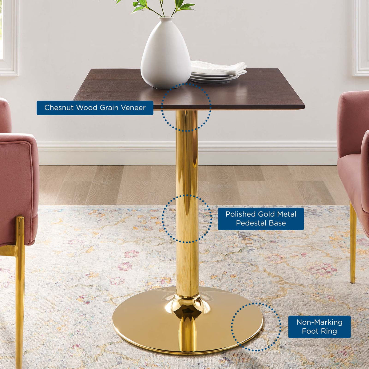 28 inch Square Gold Walnut Wood Metal Dining Table F112