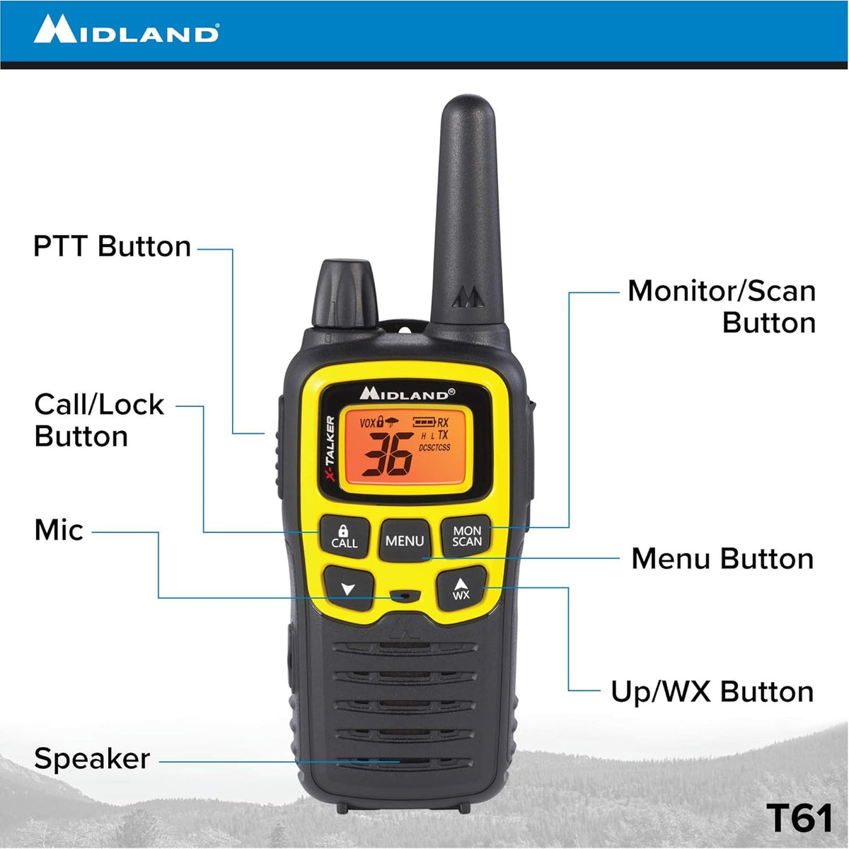 36 Channel FRS Two-Way Radio, 121 Privacy Codes, NOAA Weather Scan + Alert, Black/Yellow, 2-Pack D63218