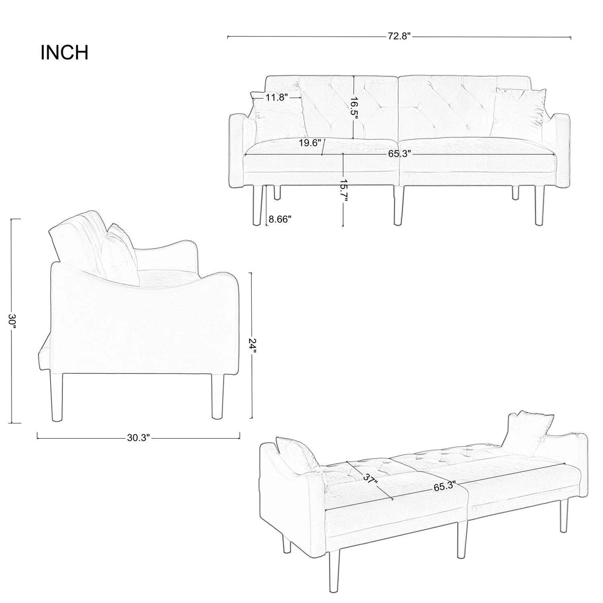 Beige Velvet Futon Sofa Bed with Pillows U82920