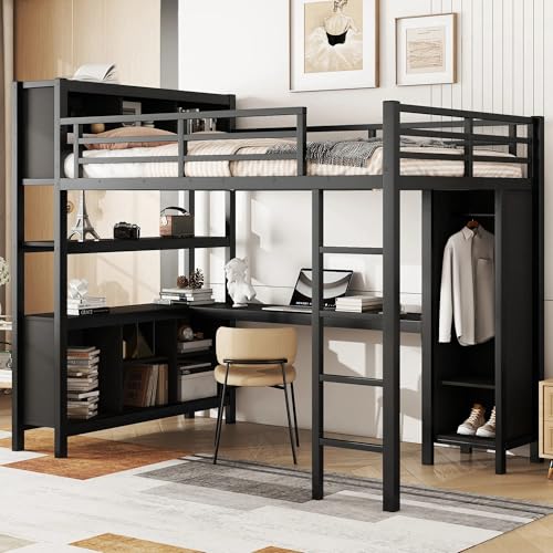 Full Size White Metal Loft Bed with L Shaped Desk and Wardrobe X681494