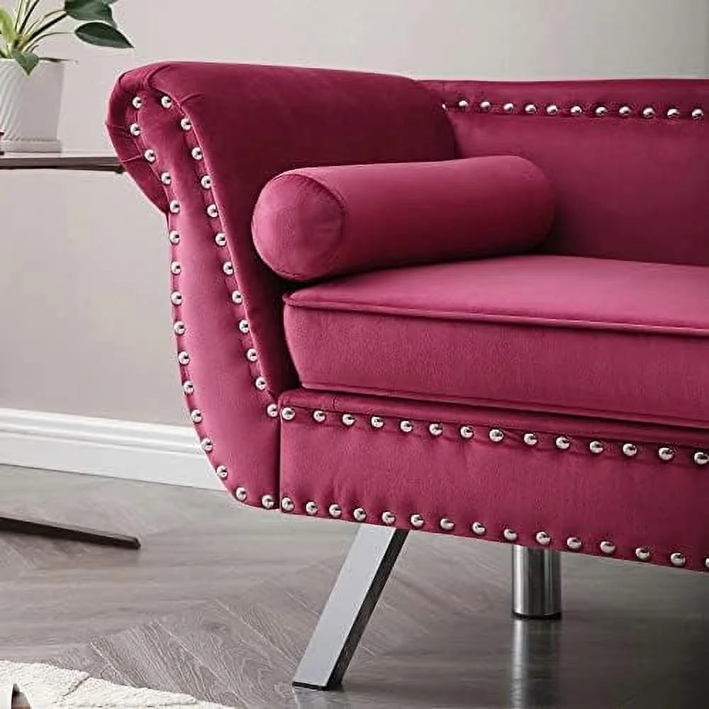 Velvet Ottoman Bench with Back and Silver Metal Legs H8066