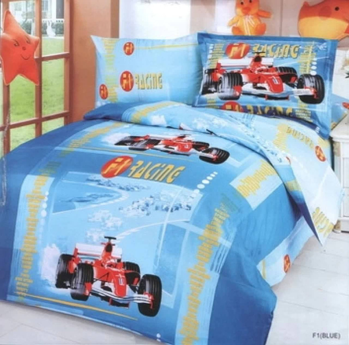 Twin Blue Car Racing Toddler Duvet Cover Set T368