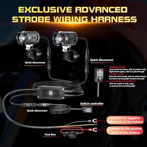 Motorcycle Auxiliary LED Light Kit Driving Spotlights White/Amber Fog Light with Mount Brackets Wire Harness Waterproof 60W Offroad Work Lights (Black) D959627