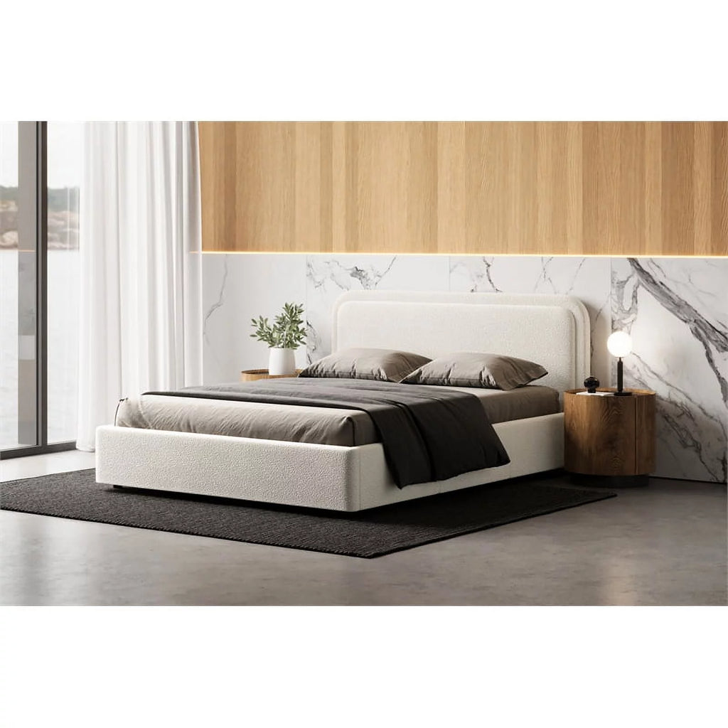 Queen Upholstered Platform Bed in White Boucle Fabric O45037