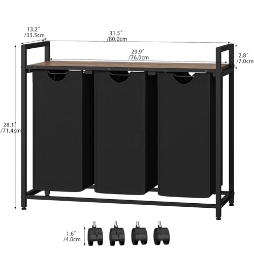 3 Pull Out Removable Laundry Sorter Bags Rolling Laundry Hamper with Wheels I340568