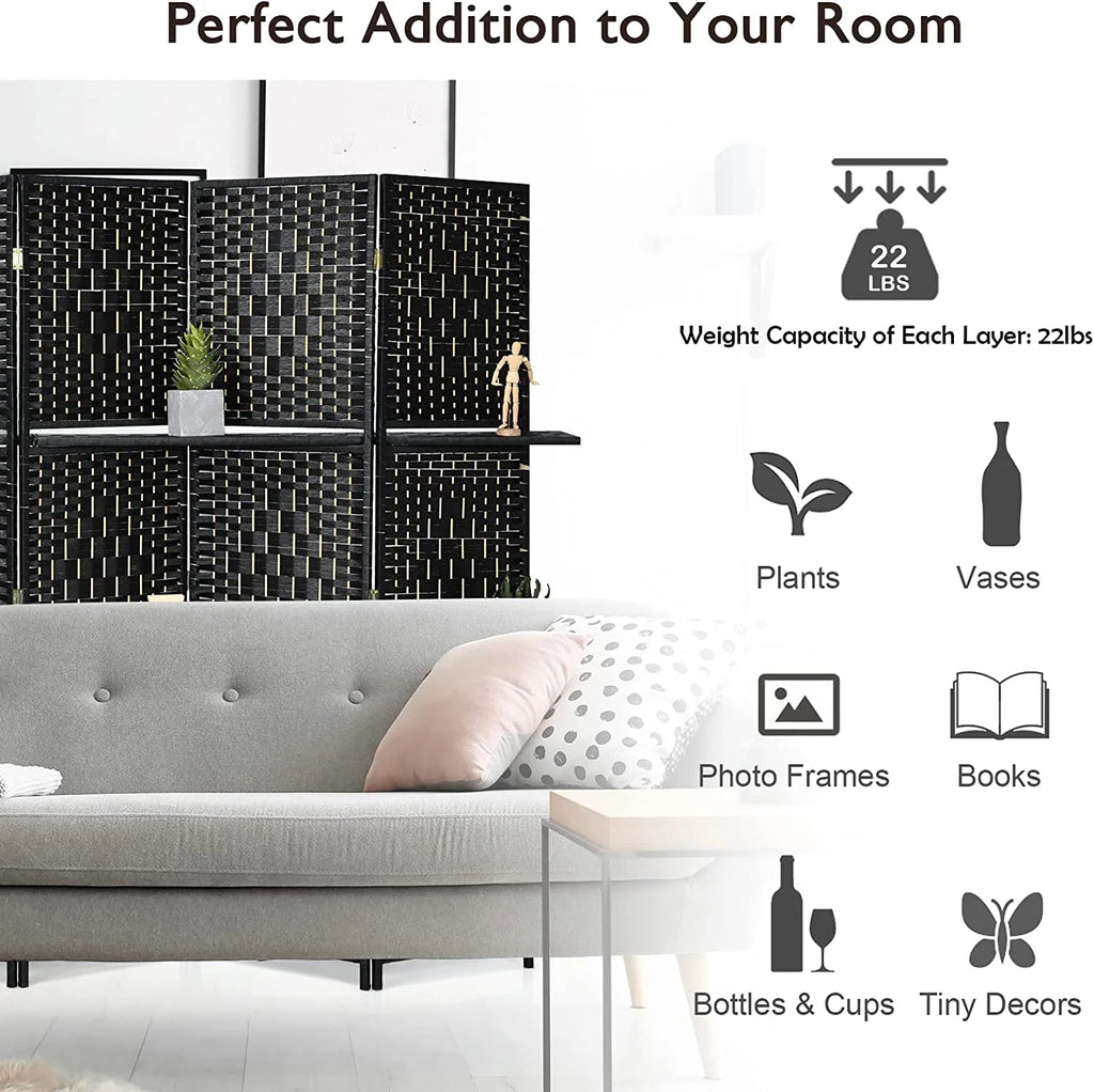6Ft 6 Panel Hand-Woven Rattan Room Divider with Shelves M109