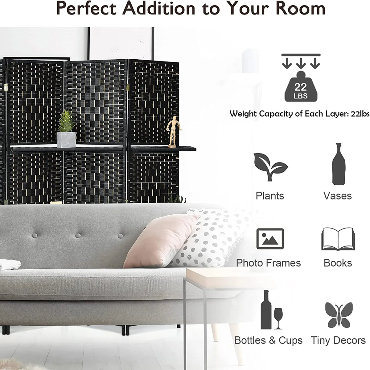6Ft 6 Panel Hand-Woven Rattan Room Divider with Shelves M109