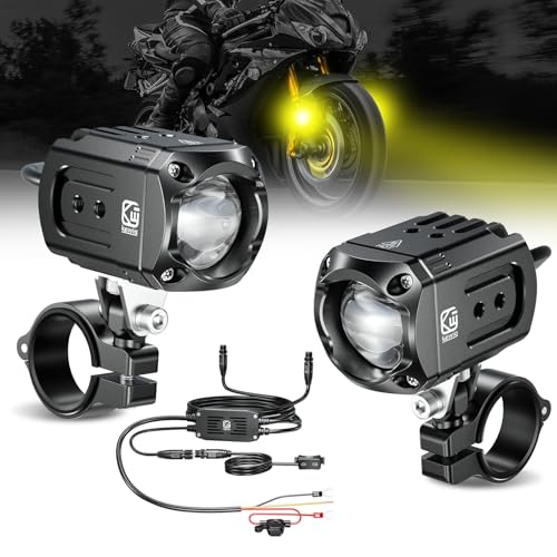 Motorcycle Auxiliary LED Light Kit Driving Spotlights White/Amber Fog Light with Mount Brackets Wire Harness Waterproof 60W Offroad Work Lights (Black) D959627