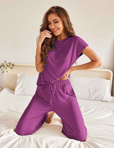 2 Piece Cap Sleeve Pajamas Set with Joggers Pants O428505