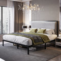 Queen Size Grey Metal Platform Bed Frame with Upholstered Headboard J8935