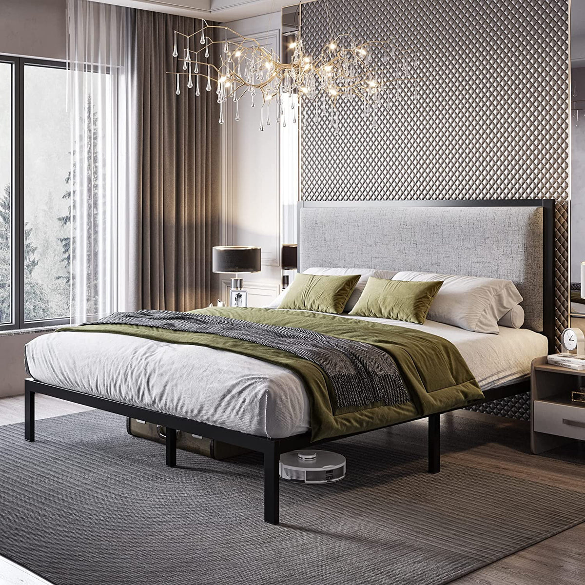 Queen Size Grey Metal Platform Bed Frame with Upholstered Headboard J8935