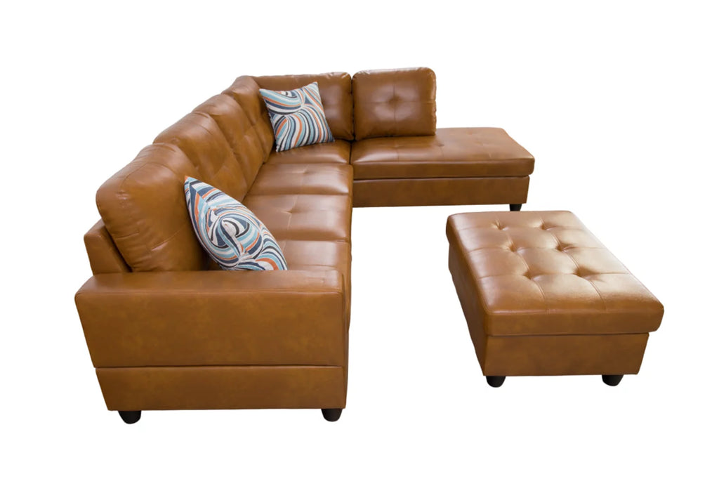 Ginger Leather L-Shaped Sectional Sofa with Chaise Storage Ottoman W9406