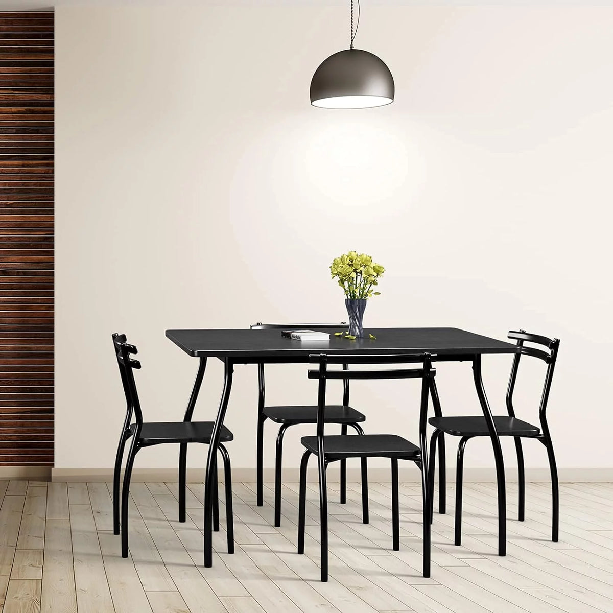 Modern Metal and Wood Rectangular Dining Table Set with 4 Chairs A5298