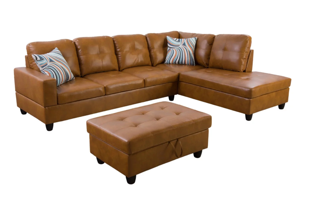 Ginger Leather L-Shaped Sectional Sofa with Chaise Storage Ottoman W9406