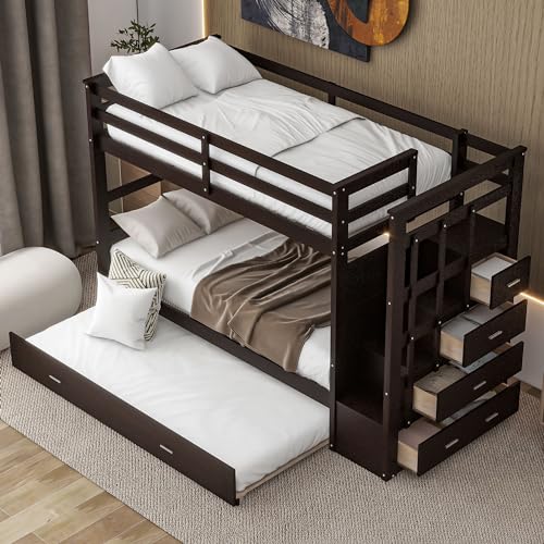 Full Over Full Wood Bunk Bed with Twin Trundle and Stairs, Espresso S97277