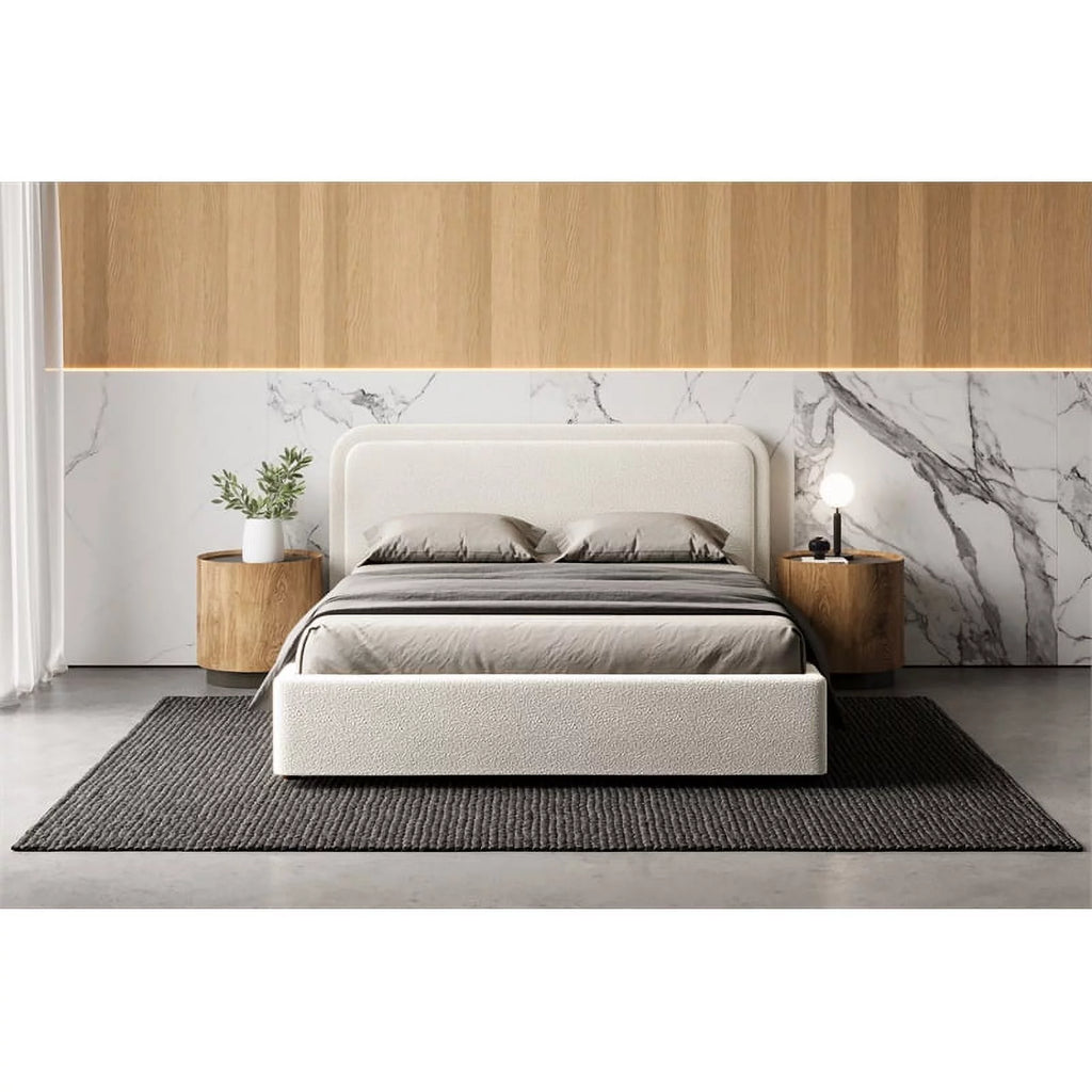 Queen Upholstered Platform Bed in White Boucle Fabric O45037