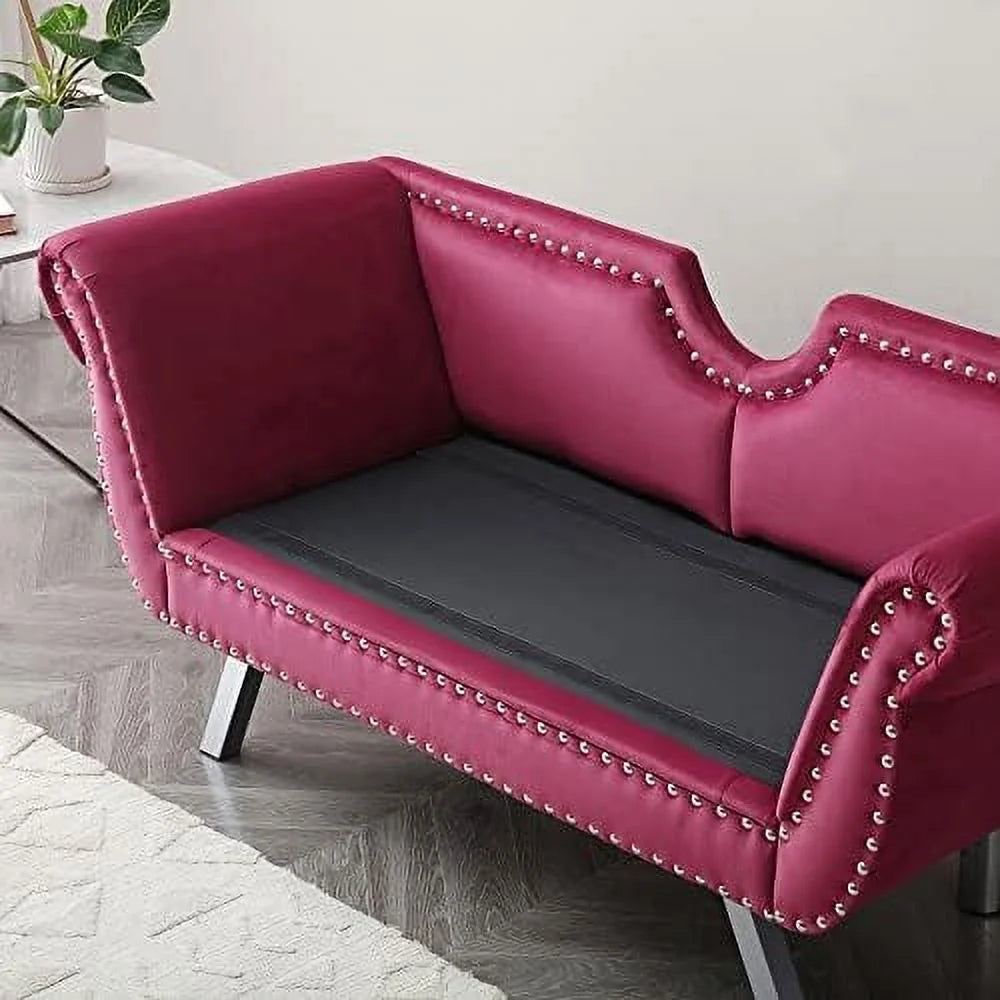 Velvet Ottoman Bench with Back and Silver Metal Legs H8066