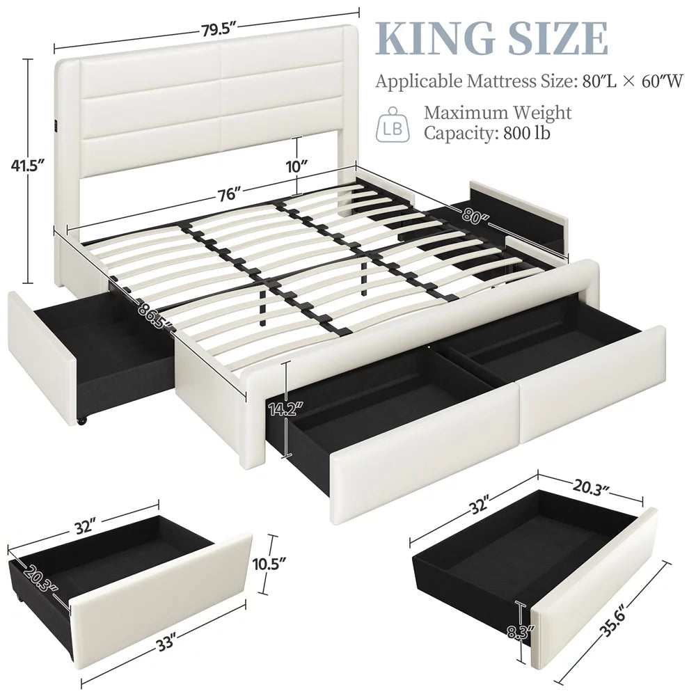 Beige Upholstered Platform Bed with 3 Storage Drawers and USB Ports N595