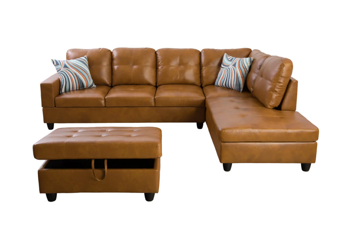 Ginger Leather L-Shaped Sectional Sofa with Chaise Storage Ottoman W9406