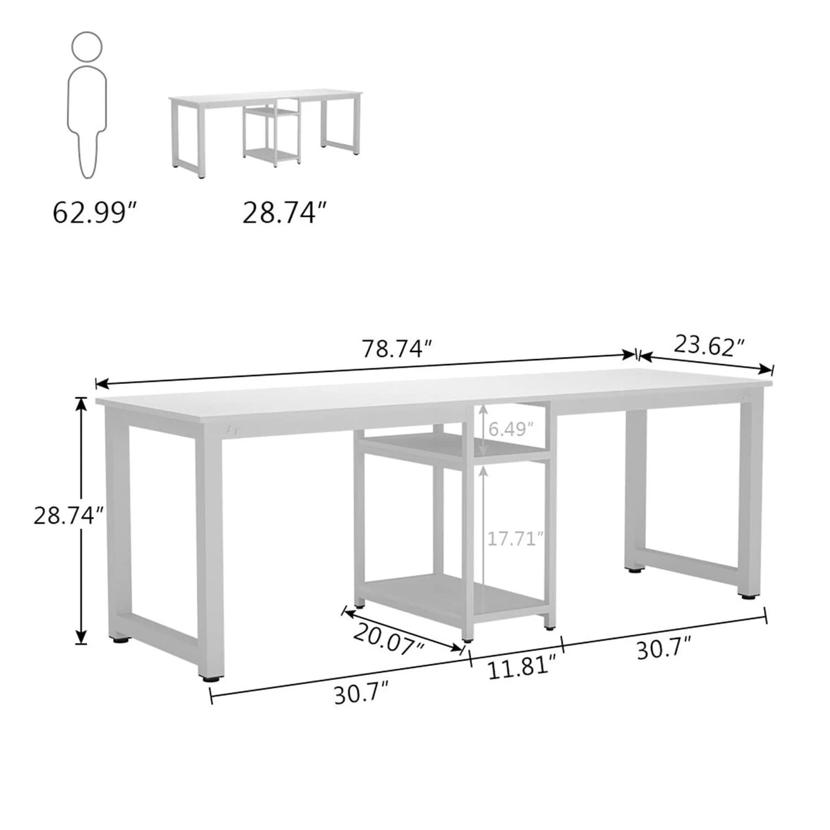 White 78 Inches Rectangle Computer Desk with Shelves C7867