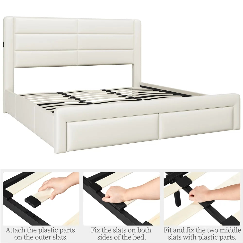 Beige Upholstered Platform Bed with 3 Storage Drawers and USB Ports N595
