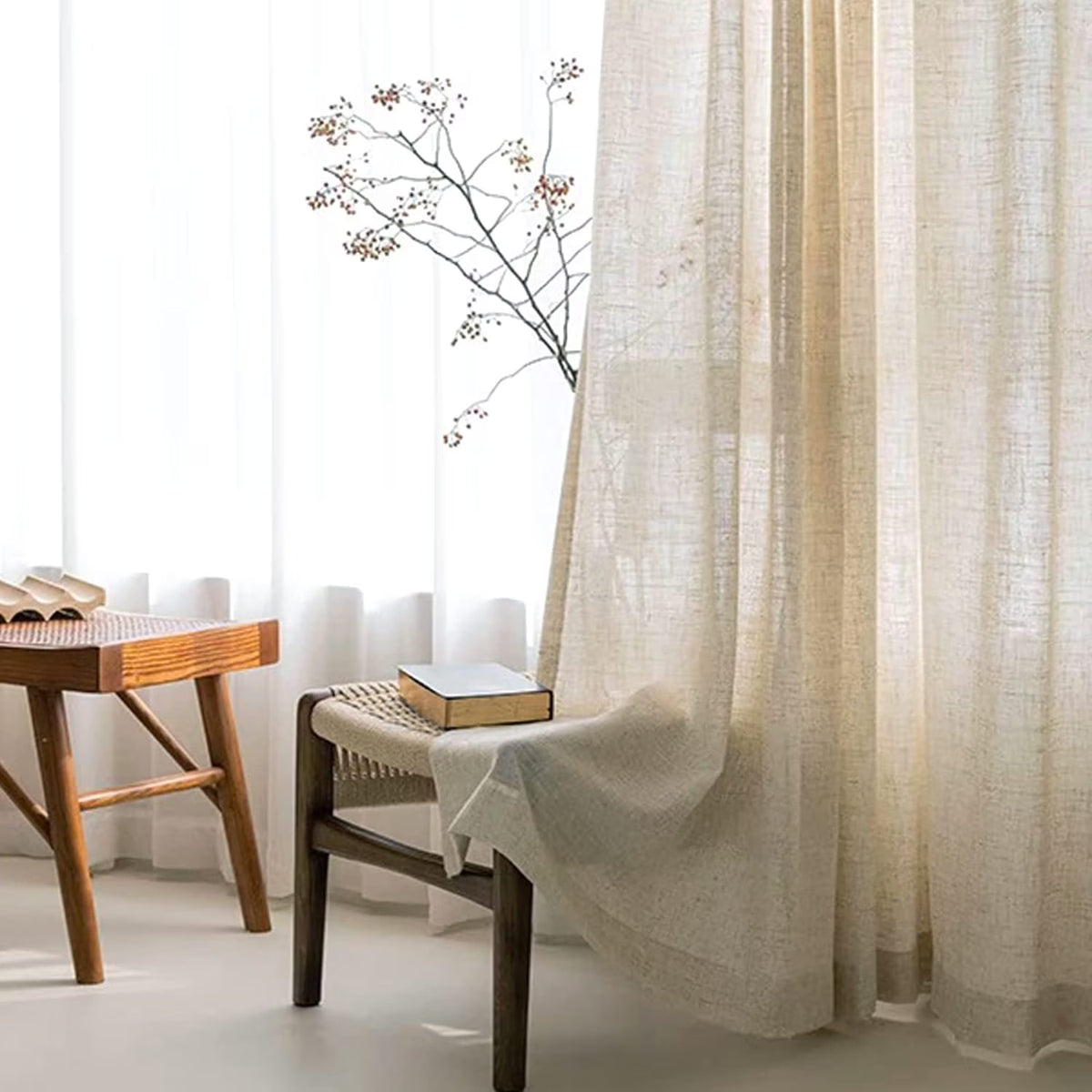 Beige Semi Sheer Linen Curtains 2 Panels 40''x84'' Y9065