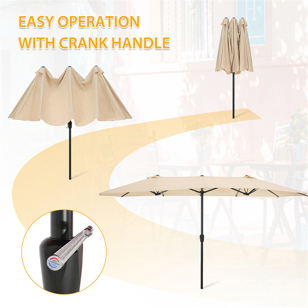 Tan Double-Sided Rectangular Patio Market Umbrella with Crank F7824